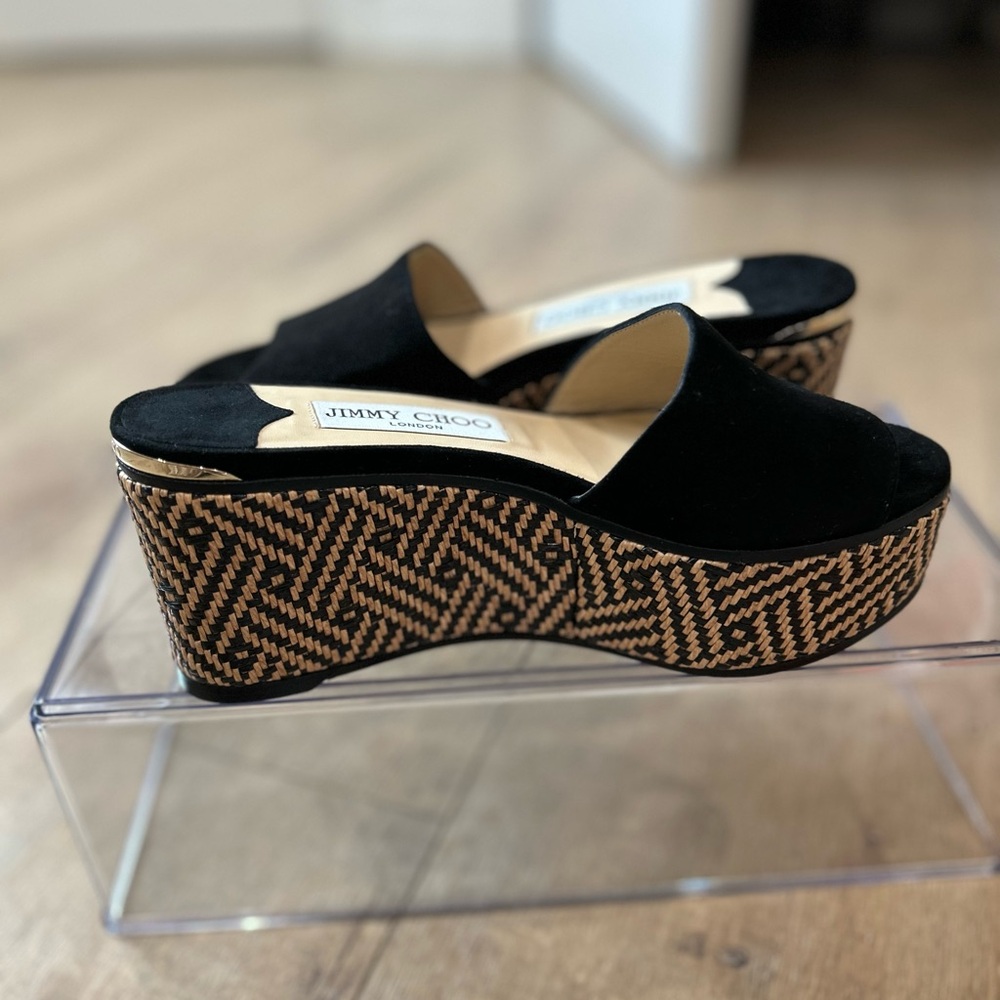 Black Suede Jimmy Choo Rafia mule wedge - Picture 3 of 8